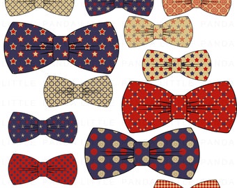May include: Set of ten digital clip art images of bow ties in various patterns. The bow ties are in red, blue, white, and gold colors. The patterns include stars, polka dots, and geometric designs.