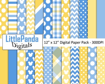 May include: A digital paper pack featuring various patterns in yellow, blue, and white. Designs include polka dots, stripes, chevrons, and Mickey Mouse silhouettes. The text "LittlePanda Digitals" and "12" x 12" Digital Paper Pack - 300DPI" are displayed.