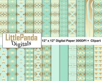Mint and Gold Digital Paper, Scrapbook Paper, Damask, Stars, Fleur De Lis, Fishscale, Gold Digital Paper, Commercial Use D551