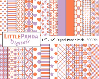 May include: A digital paper pack featuring various patterns in orange, purple, and white. Designs include polka dots, stripes, hearts, stars, and geometric shapes. The text "LittlePanda Digitals" and "12" x 12" Digital Paper Pack - 300DPI" are visible.