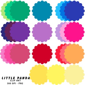 Op de afbeelding: Twaalf kleurrijke gegolfde cirkels in verschillende tinten groen, paars, roze, rood, oranje en geel. De cirkels zijn gerangschikt in drie rijen van vier. De tekst "LITTLE PANDA CLIP ART 300 DPI - PNG" staat onderaan de afbeelding.