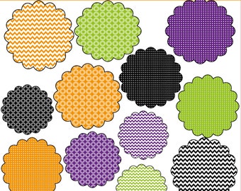 May include: Set of ten digital scrapbook paper circles with various patterns in black, white, orange, green, and purple. The patterns include polka dots, zigzags, and circles.  "LITTLE PANDA DIGITALS" and "CLIP ART" are written in the image.