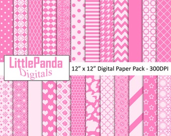 Pink digital paper, scrapbook papers, background, commercial use, stripes, polka dots, chevron, stars, hearts - D443