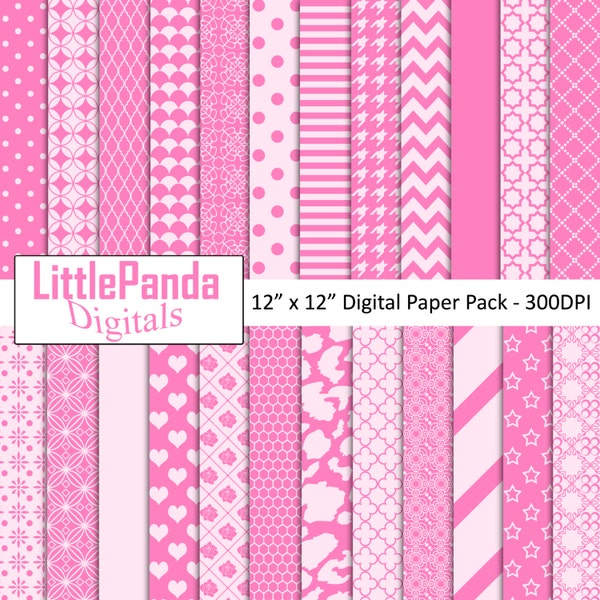 Pink digital paper, scrapbook papers, background, commercial use, stripes, polka dots, chevron, stars, hearts - D443