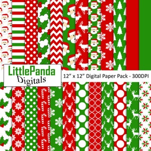 Weihnachten Digitale Papier Urlaub Santa Claus Scrapbook Papier Schneeflocke Polka Dots Holly Leaf Candy Cane Streifen Elch rot grün D594