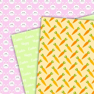 May include: Three digital paper designs featuring Easter themes. The first design is pink with white bunny faces. The second design is green with the text "Happy Easter" repeated. The third design is yellow with orange carrots.