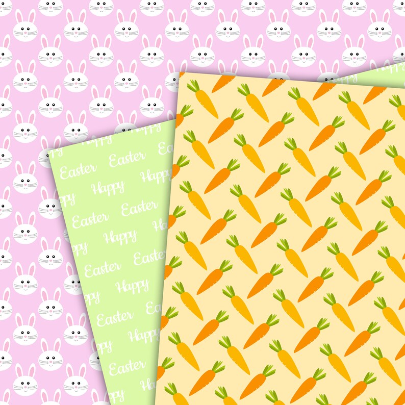 May include: Three digital paper designs featuring Easter themes. The first design is pink with white bunny faces. The second design is green with the text "Happy Easter" repeated. The third design is yellow with orange carrots.