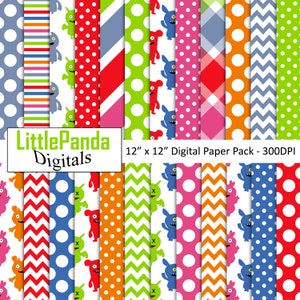 Papel digital Ugly Dolls, papéis de scrapbook de bonecas, uso comercial, monstros, festa de bonecas feias, bolinhas, chevron D522