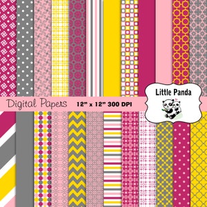 Geel roze grijs digitale papier Pack 24 jpg bestanden 12 x 12 - Instant downloaden - D348
