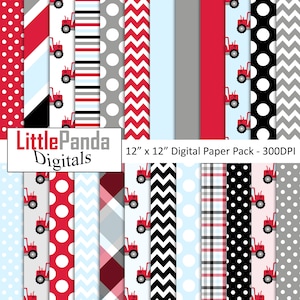 May include: A digital paper pack with 12 different patterns featuring red tractors, red and white polka dots, red and white chevron patterns, red and white stripes, gray and white polka dots, black and white polka dots, red and white diagonal stripes, black and white chevron patterns, red and white plaid, gray and white plaid, light blue and white plaid, and light blue and white diagonal stripes. The text "Little Panda Digitals" and "12" x "12" Digital Paper Pack - 300DPI" is included in the image.