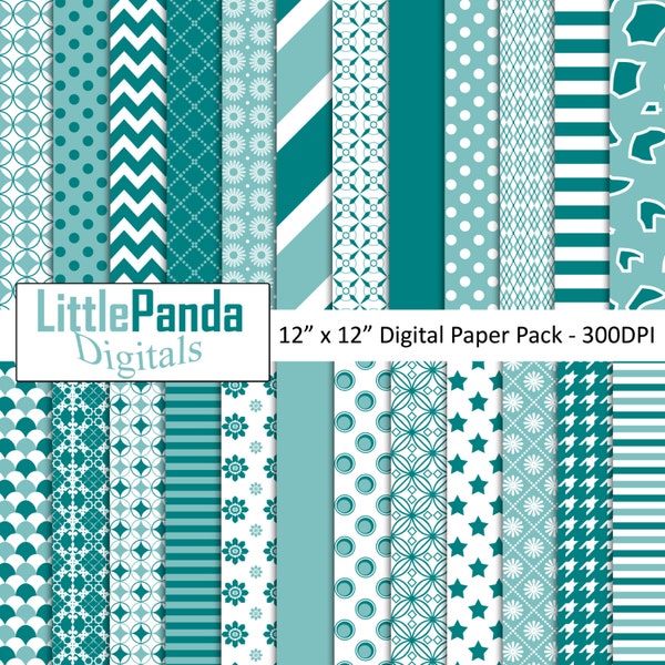 Teal digital paper, scrapbook papers, background, commercial use, stripes, polka dots, chevron, stars - D442