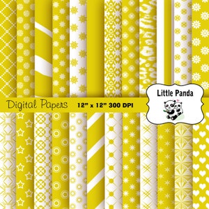 May include: A set of 16 digital papers featuring yellow and white geometric patterns. The papers are 12 inches by 12 inches and 300 DPI. The text "Digital Papers" and "12" x 12" 300 DPI" is at the top of the image. The text "Little Panda" is in a white circle with a black border at the top right of the image.