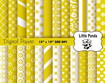 May include: A set of 16 digital papers featuring yellow and white geometric patterns. The papers are 12 inches by 12 inches and 300 DPI. The text "Digital Papers" and "12" x 12" 300 DPI" is at the top of the image. The text "Little Panda" is in a white circle with a black border at the top right of the image.