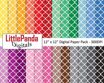 May include: A digital paper pack with 20 different patterns. Each pattern features a white trellis design on a variety of colored backgrounds. The patterns are 12 inches by 12 inches and 300 DPI.