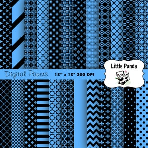 Crystal Blue und Black Digital Scrapbooking Papiere 24 Jpg Dateien 12 x 12 - sofortiger Download - D338