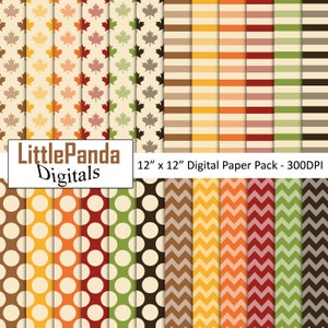 May include: A digital paper pack with 12 different patterns in autumn colors. The patterns include maple leaves, stripes, polka dots, and chevron designs. The paper pack is 12 inches by 12 inches and 300 DPI.