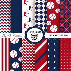 Puede incluir: Conjunto de 12 papeles digitales con patrones de temática de béisbol en rojo, blanco y azul. Los patrones incluyen rayas, lunares, cuadros, pelotas de béisbol y jugadores de béisbol. Los papeles son de 30,5 cm por 30,5 cm y 300 DPI.