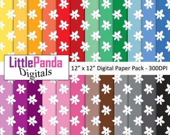 May include: A digital paper pack with 24 different 12" x 12" patterns featuring white flowers on various colored backgrounds. The patterns are arranged in rows of four. The text "LittlePanda Digitals" is at the top of the image.