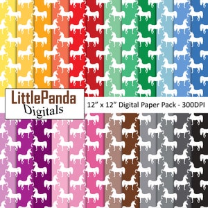 Unicorn digital paper, scrapbook papers, background, unicorn pattern, silhouette, planner, invitation, rainbow colors, commercial use D729