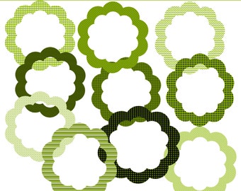 May include: Set of nine green and white patterned circle frames with scalloped edges. The frames are perfect for adding a touch of whimsy to your crafts and projects.  300 DPI - PNG. CLIP ART.