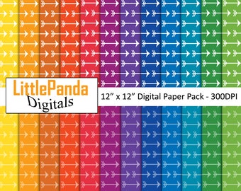 May include: A digital paper pack with 12 different colored backgrounds featuring a white arrow pattern. Each background is 12 inches by 12 inches and 300 DPI. The text "LittlePanda Digitals" is in the top left corner of the image.