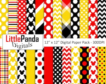 Mickey Mouse digital paper, scrapbook papers, mickey background, polka dots, plaid, chevron, stripes, wallpaper D501