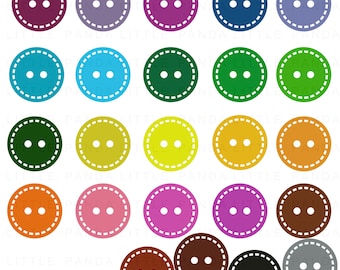 May include: Twenty-four colorful buttons with a white double-stitch border and two white dots in the center.  The buttons are arranged in four rows of six buttons each.  The buttons are in various colors, including red, blue, green, yellow, orange, pink, purple, brown, and gray.