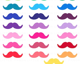 May include: A set of 18 colorful mustache clip art images. The mustaches are in various colors, including green, blue, purple, pink, red, orange, and yellow. The mustaches are all in the same style, with a thick, curved shape.