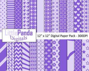 Purple digital paper, scrapbook papers, background, commercial use, stripes, polka dots, chevron, fish scale - D444