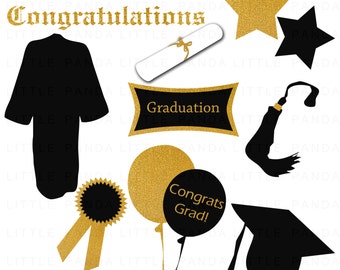 May include: A set of black and gold graduation clip art. The set includes a graduation cap, gown, diploma, tassel, star, balloon, and a banner that says "Graduation".