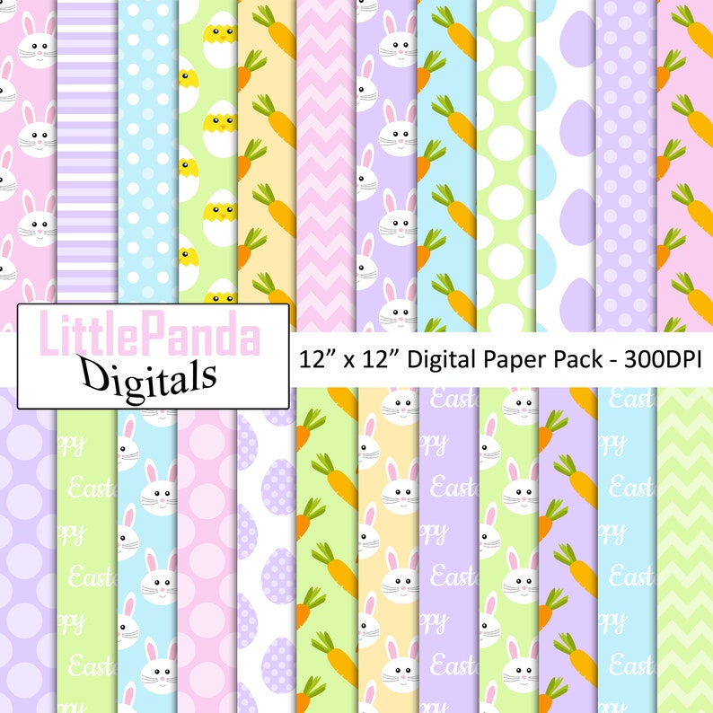 May include: A digital paper pack with 12 different Easter-themed patterns. The patterns include bunnies, carrots, eggs, polka dots, stripes, and chevron designs in pastel colors. The text "LittlePanda Digitals" and "12" x "12" Digital Paper Pack - 300DPI" is included in the image.