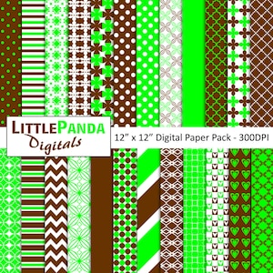 Lime Green and Brown Digital Scrapbook Papers 24 jpg files 12 x 12 - Instant Download - D415