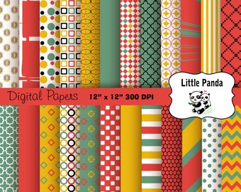 May include: A set of 16 digital papers featuring various geometric patterns in red, yellow, green, white, and black. The papers are 12 inches by 12 inches and 300 DPI. The text "Little Panda" is in a white circle with a black outline.