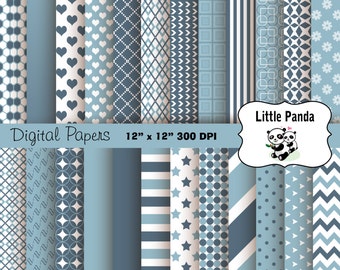 May include: A set of 12 digital papers featuring various blue and white patterns, including hearts, stars, stripes, and geometric designs. The papers are 12 inches by 12 inches and 300 DPI. The text "Digital Papers 12" x 12" 300 DPI" and "Little Panda" is included in the image.