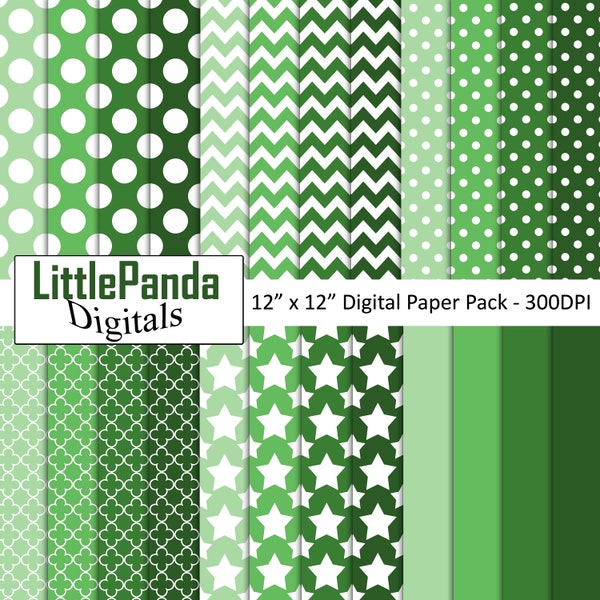 Shades of green digital paper, polka dots, chevron, quatrefoil, stars, matching solids, commercial use, scrapbook papers D514