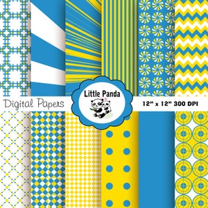 Blue and Yellow Digital Paper Pack, Scrapbook Papers, 12 file jpg 12 x 12 - Download istantaneo - D119