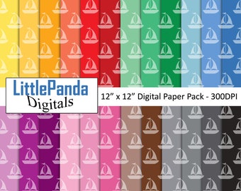 May include: A digital paper pack with 12 different patterns featuring white sailboat silhouettes on various colored backgrounds. The pack includes yellow, orange, red, green, blue, purple, pink, brown, gray, and black backgrounds. The text "LittlePanda Digitals" and "12" x "12" Digital Paper Pack - 300DPI" is included in the image.