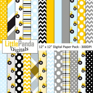 Pode incluir: Um pacote de papel digital com 12 padrões diferentes que apresentam caminhões de construção amarelos em uma variedade de fundos, incluindo amarelo, cinza, preto, branco e azul. Os padrões incluem bolinhas, listras, chevron, xadrez e cores sólidas. O texto "Little Panda Digitals" e "12" x "12" Digital Paper Pack - 300DPI" está incluído na imagem.