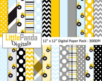 May include: A digital paper pack with 12 different patterns featuring yellow construction trucks on a variety of backgrounds, including yellow, gray, black, white, and blue. The patterns include polka dots, stripes, chevron, plaid, and solid colors. The text "Little Panda Digitals" and "12" x "12" Digital Paper Pack - 300DPI" is included in the image.