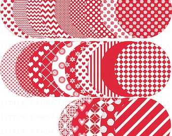 May include: Set of 24 red and white patterned circles. The patterns include hearts, polka dots, stripes, flowers, and geometric designs.  The circles are 300 DPI PNG files.