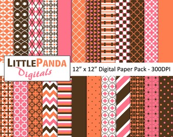 Pink Brown Coral Digital Paper Pack 24 jpg files 12 x 12  - Instant Download - D358