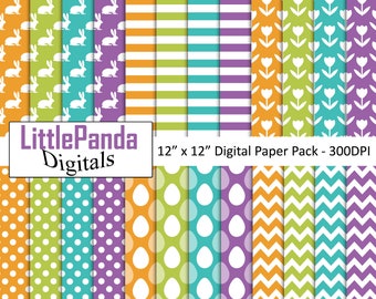 May include: A digital paper pack with 12 different patterns in a variety of colors, including orange, green, blue, purple, and white. The patterns include bunnies, tulips, polka dots, eggs, and chevron stripes. The text "LittlePanda Digitals 12" x 12" Digital Paper Pack - 300DPI" is at the top of the image.