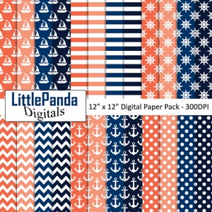 Nautical papier numérique ancre ancre fond bateau scrapbook papier polka dots chevron corail et bleu marine modèle commercial utilisation commerciale D625