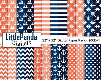 Nautical digital paper anchor background boat scrapbook paper polka dots chevron coral and navy blue pattern commercial use D625