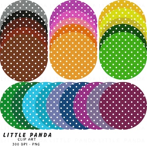 Puede incluir: Conjunto de 12 círculos de papel digital con lunares blancos en varios colores, incluyendo gris, marrón, naranja, rosa, amarillo, verde, azul, morado y granate. Los papeles digitales son de 300 DPI y en formato PNG. LITTLE PANDA CLIP ART.