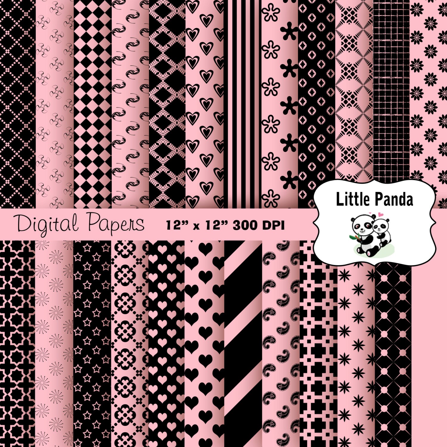 Pink and Black Digital Papers 24 Jpg Files 12 X 12 - Instant Download ...