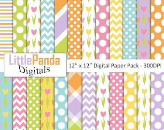 Easter digital paper, polka dots, tulips, stripes, plaid, floral, commercial use, scrapbook papers D503