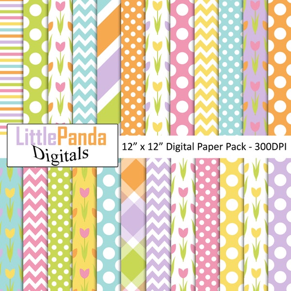 Easter digital paper, polka dots, tulips, stripes, plaid, floral, commercial use, scrapbook papers D503