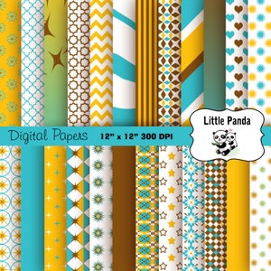 Yellow Blue Brown digital paper, baby shower scrapbook papers, birthday, invitations, paper crafts, Instant Download D276