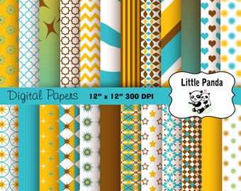 Yellow Blue Brown digital paper, baby shower scrapbook papers, birthday, invitations, paper crafts, Instant Download D276